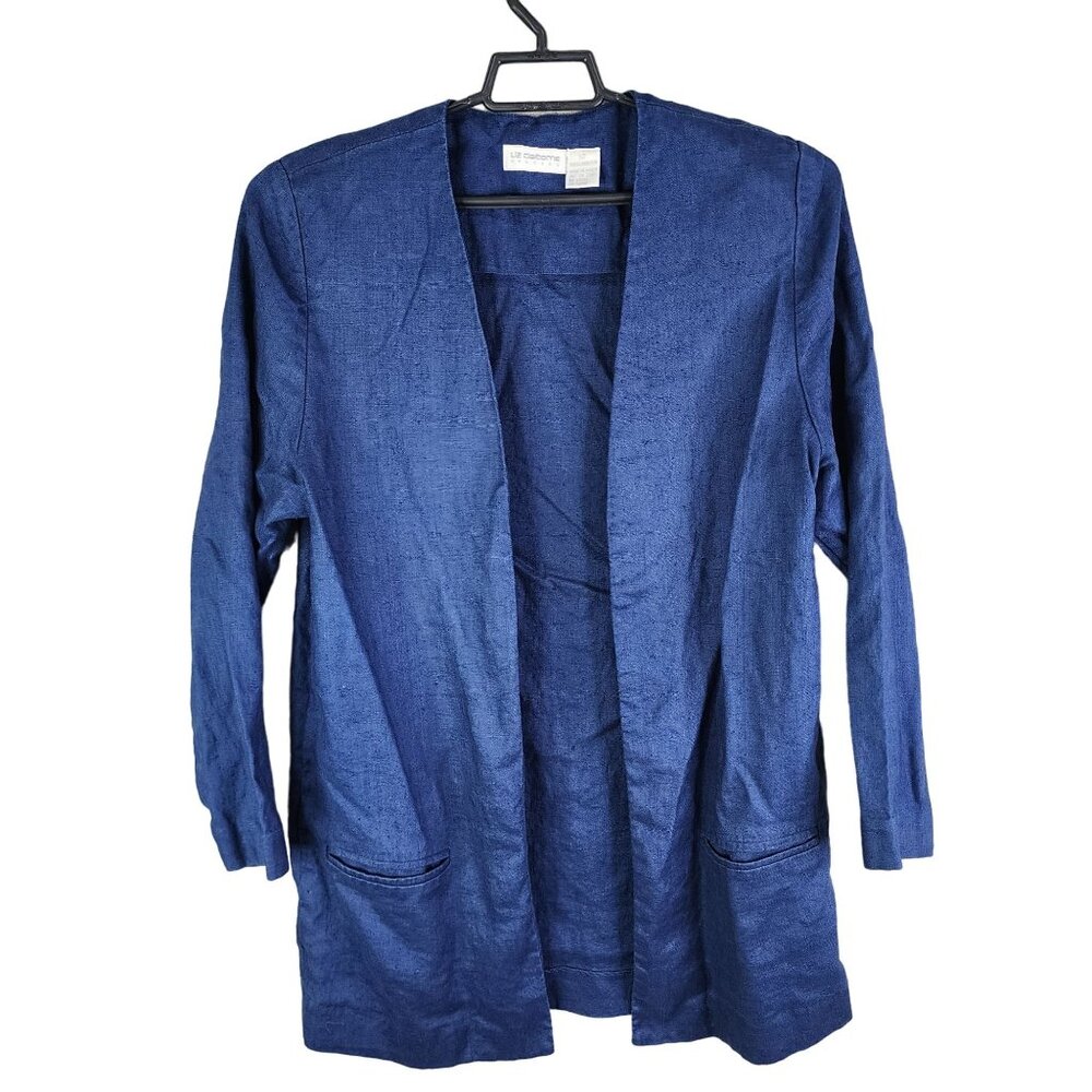 Womens Blue Liz Claiborne Linen Duster Cardigan Sweater Long Sleeve Size 12
